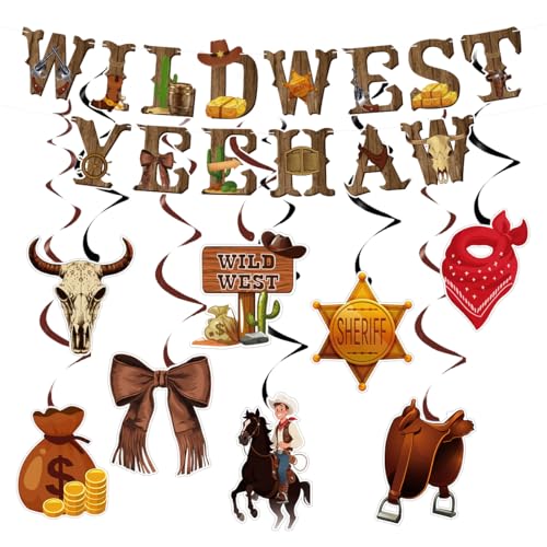 Kailinst 22Pcs Western Cowboy Party Decorations Wild West Banner and Cowboy Hanging Swirls for Boys Western Theme Birthday Party Decor Banner Hanging Signs
