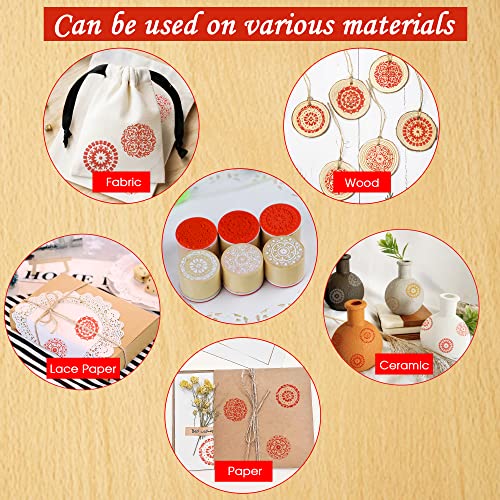 Ecohu 6PCS Wooden Rubber Stamp Set + Red Ink, Round Floral Pattern Stamps, Decorative Wood Stamps for Crafts Making, Scrapbook, Cards, DIY Arts.