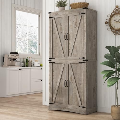 71in Farmhouse Kitchen Pantry Cabinet,Tall Storage Cabinet with 4 Doors and Adjustable shelves,with...