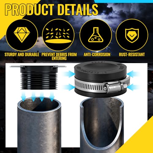 Image of 6 Pack 2 Inch Flexible PVC Pipe Cap with Stainless Steel Clamps - Black Durable End Caps for Drainage, Wastewater & Vent Pipes, Above /below Ground Use
