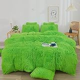 XeGe Plush Shaggy Duvet Cover Set, Luxury Ultra Soft Fluffy Faux Fur Bedding Sets 3 Pieces Velvet(1 Fuzzy Furry Comforter Cover + 2 Faux Fur Pillow Cases), Zipper Closure (King, Lime Green)