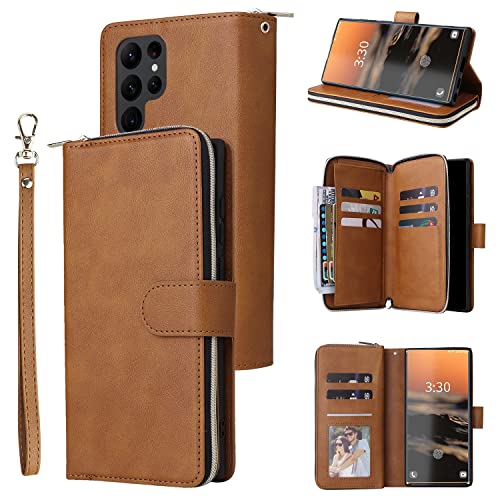 Étui portefeuille Samsung S23 Ultra en cuir PU marron avec fermeture éclair