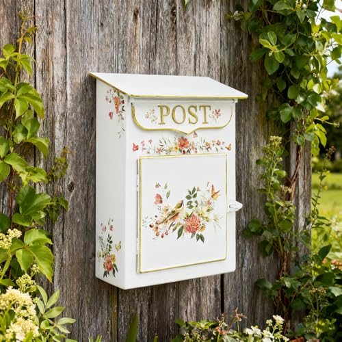 Image of Mailbox Wall Mount Mailboxes for Outside Vintage Mail Boxes for House Outside Metal Drop Box Antique Style Nostalgic Charm Home Decorative, Flower Pattern White