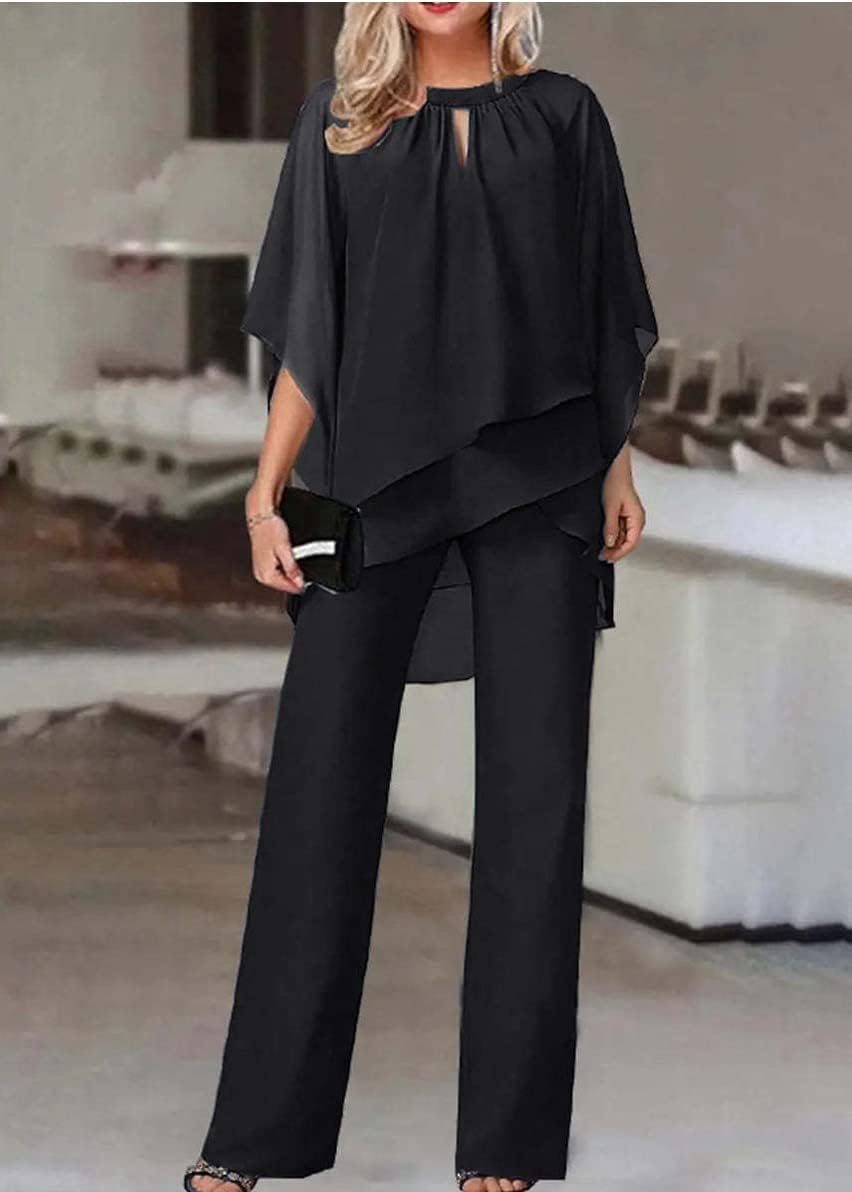 Generisch Traje de pantalón para mujer, de tul, juego de dos piezas con camisa de gasa y cintura alta, elegante, vintage, traje de 2 piezas para cóctel, fiesta, traje de pantalón para mujer, seda