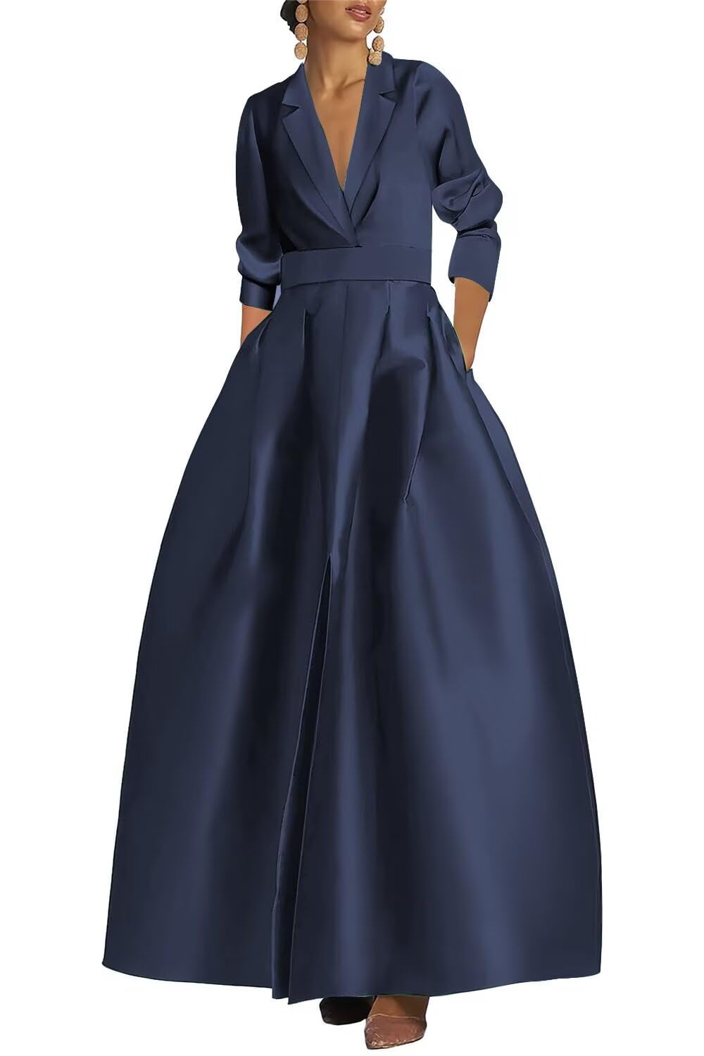 Winaiwi Long Sleeve Prom Dresses with Pockets Satin Evening Dress V Neck Ball Gowns for Women Formal