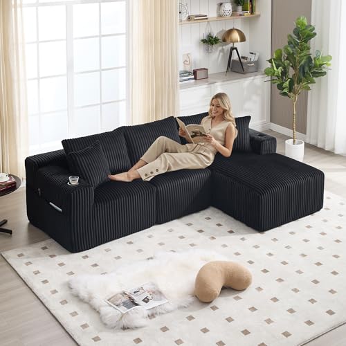 Canapé d'angle en Forme de L, 257 cm Canapé Sectionnel Modulaire en Velours Côtelé, Canapé Compressé, Siège Profond, 2 Porte-gobelet, 5 Coussins,...