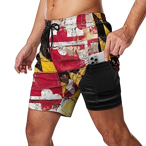 Maryland State Flag on Brick Wall Men's Swim Trunks Board Shorts with Compression Liner and Pocket Bathing Suits