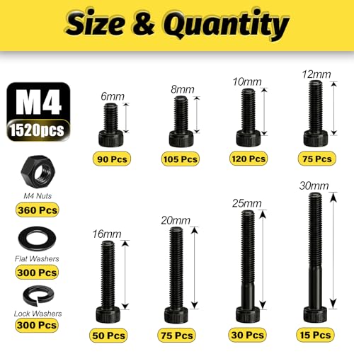 Image of Kadrick M4 Screws Kit 1520PCS, M4x6MM-25MM Bolts with Nuts,Washers & Hex Wrench, Optimized Size Distribution, Class 12.9 Socket Head Cap M4 Screws, Black Zinc Plated, for Mechanical, Repair & DIY