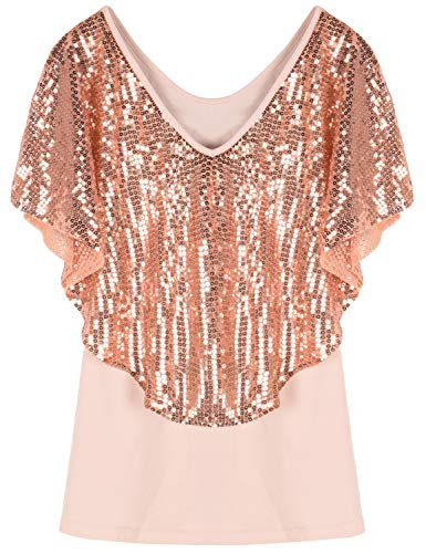PrettyGuide Women's Tunic Tops Sequin Overlay Cold Shoulder Glitter Cocktail Party Blouse Top