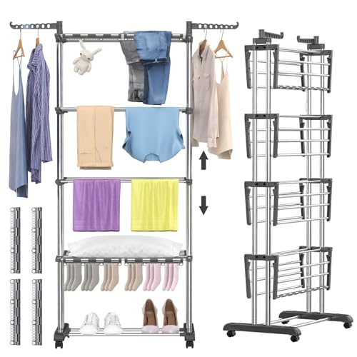 johgee 5 Ebenen Turm Wäscheständer, Höhenverstellbar klappbarer Waschestander mit 8 Klappbare...