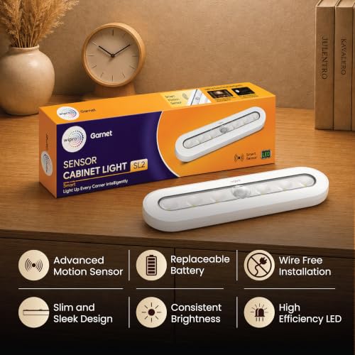 Image of wipro Garnet Motion Sensor Cabinet Light SL2 | Neutral White | Auto On /Off Lights for Kitchen, Wardrobe & Shelf | Wireless | Magnetic Stick On | Battery Required Separately (4*AAA) | PK 1