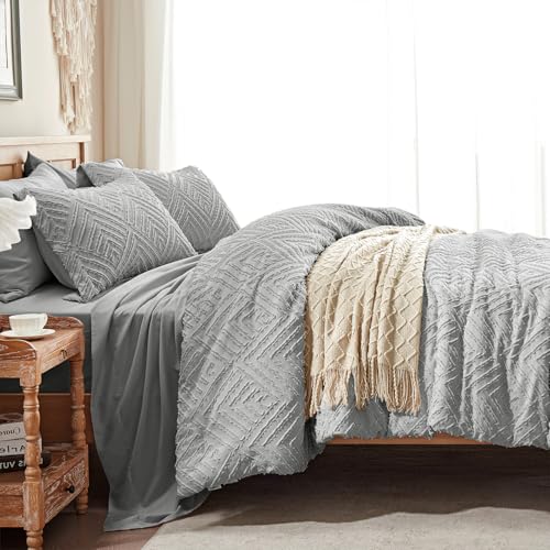 Image of Zzlpp King Comforter Set 7 Pieces, Light Grey Tufted Bed in a Bag with Comforter and Sheets, All Season Boho Bedding Sets with Comforter, 2 Pillow Shams, 2 Pillowcases, 1 Flat Sheet, 1 Fitted Sheet