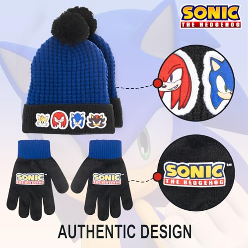 Image of Sonic The Hedgehog Winter Hat and Gloves Set - Blue Sonic Hat for Boys Ages 5-13 - Winter Hat with Scarf and Glove Set