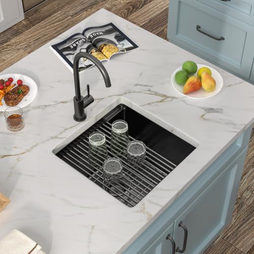 Image of 17 inchx17 inch Black Bar Prep Sink Undermount Workstation | Gunmetal Black NANO-PVD 16 Gauge T304 Stainless Steel Single Bowl Under Counter Basin for RV Kitchen Wet Bar Prep Station