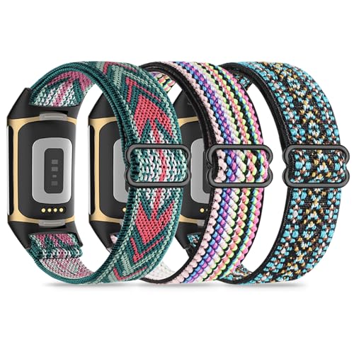 Wizvv Paquete de 3 pulseras elásticas compatibles con Fitbit Charge 5/Fitbit Charge 6 para hombres y mujeres, transpirables, ajustables, correa de repuesto de nailon elástico para Fitbit Charge