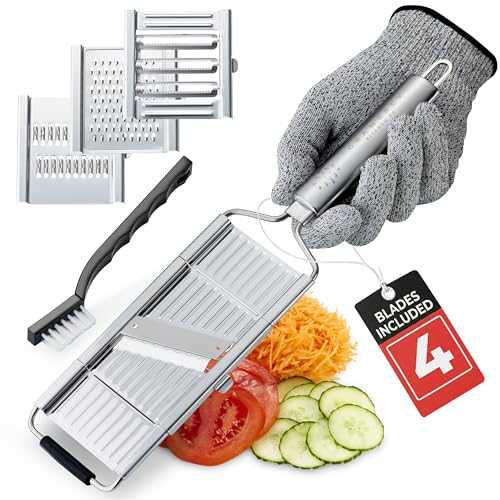 Gramercy - Mandolina de mano para cocina, cortador de verduras y frutas de acero inoxidable con 4 cuchillas, rebanador, juliana y rallador. Guante de seguridad resistente a los cortes y cepillo de