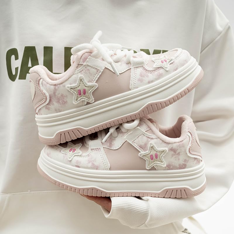 Star Shoes Walking Sneakers for Women Pink Fuzzy Lined Platform Low Top Round Toe Sneakers with Cute Plush Pink Stars US5.5-84