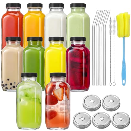CUCUMI 10pcs 16oz Glass Juice Bottles with Lids, Reusable Juice Containers Drinking Jars Water Cups with Brush, Glass Straws, Lids with Hole