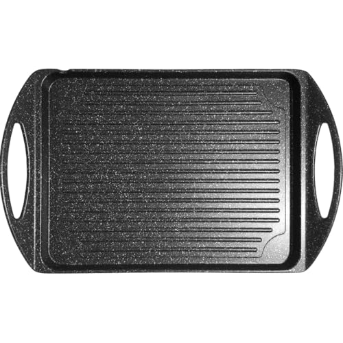 BAKAJI Parrilla de 35 x 25 cm de aluminio fundido con 2 asas, uso universal, efecto piedra, apta para cocinas de gas, eléctrica, vitrocerámica e inducción
