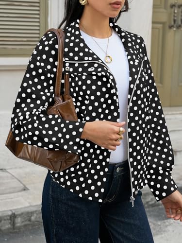Image of Tankaneo Womens Polka Dot Zip Up Cropped Jackets | Lightweight, Lapel Collar, Casual Trendy, Fall Spring Outfits, Streetwear