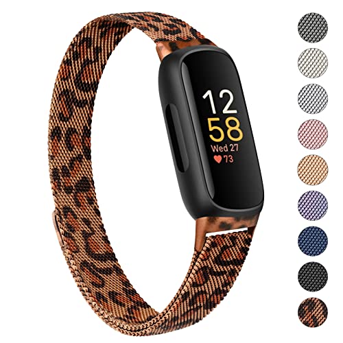 Vancle Strap compatible with Fitbit Inspire 3 Straps for Women Men Stainless Steel Mesh Loop Adjustable Wristband Replacement Band (Leopard)