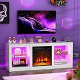 BREEZEHEAT 58inch Electric Fireplace TV Stand for 65'' TV-Entertainment Center with 18'' Fireplace and Led Light-TV Console with Glass Shelves, Power Outlets, Remote Control (White Marble)