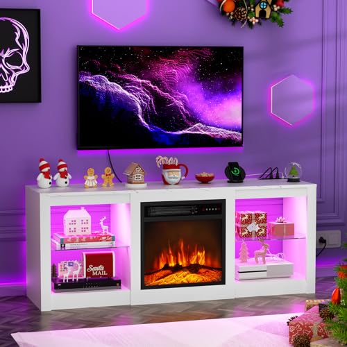 BREEZEHEAT Electric Fireplace TV Stand for 65'' TV-Entertainment Center with 18'' Fireplace and Led Light-TV Console with Glass Shelves, Power Outlets