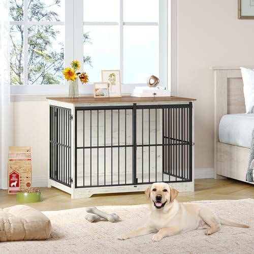 Hzuaneri Hundekäfig Möbel, 110 cm Hundebox, 2 Türen, Moderne Hundekäfig Indoor für Kleine/Mittlere/Große Hunde, Beistelltisch, Verstärkte Schiebetür, 110 × 65 × 81 cm, Weiß Braun DFC84414B