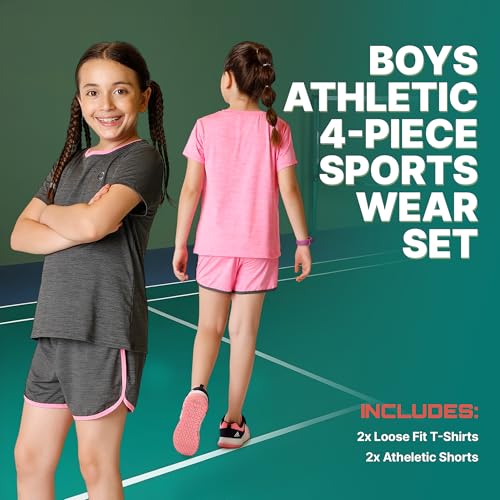 Girls Clothing Sets Tagless Loose Athletic Performance Crew Neck T-Shirt and Short Outfits Size 5-14 (4 Piece Set)2