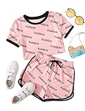 Romwe Girl's 2 Piece Shorts Set Graphic Crop Tops and Shorts Athletic Outfit Baby Pink 9Y