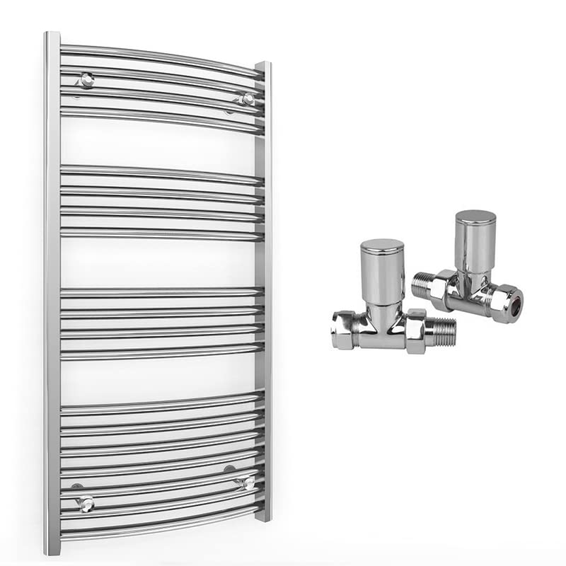 600mm Wide Curved Chrome Heated Bathroom Towel Rail Radiator With Valves For Central Heating UK (With Curved Valves, 600 x 1000 mm (h))