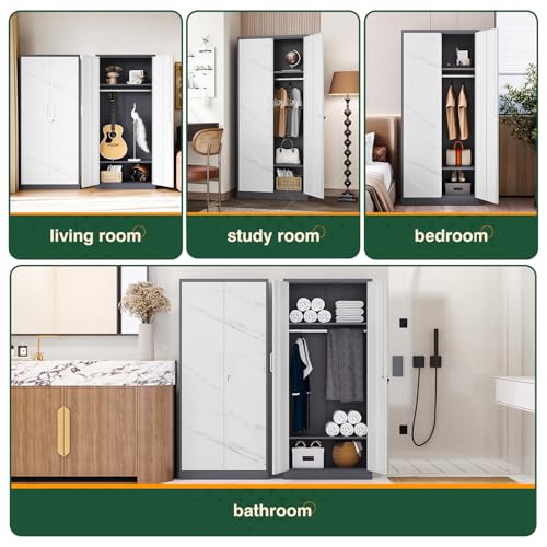 Image of Letaya Wardrobe Closet, 72 inch H Clothing Storage Cabinet with Adjustable Shelves and Hanging Rod, Bedroom Armoire Clothes Organizer (White Gray)