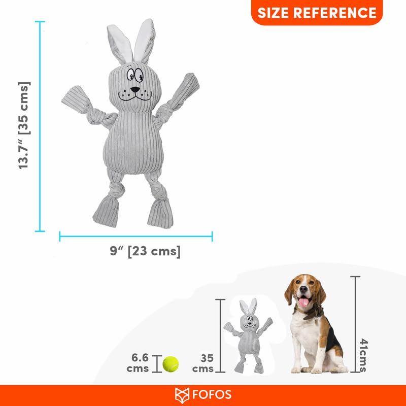 Image of BarkButler x Fofos Fluffy Rabbit Stuffed Soft Squeaky Plush Dog Toy,Grey|for X-Small- Small Dogs(0-10kgs)|Knotted Legs|Squeaker|Machine Washable|Corduroy Fabric|for All Breeds|Cuddle, Chew, Fetch