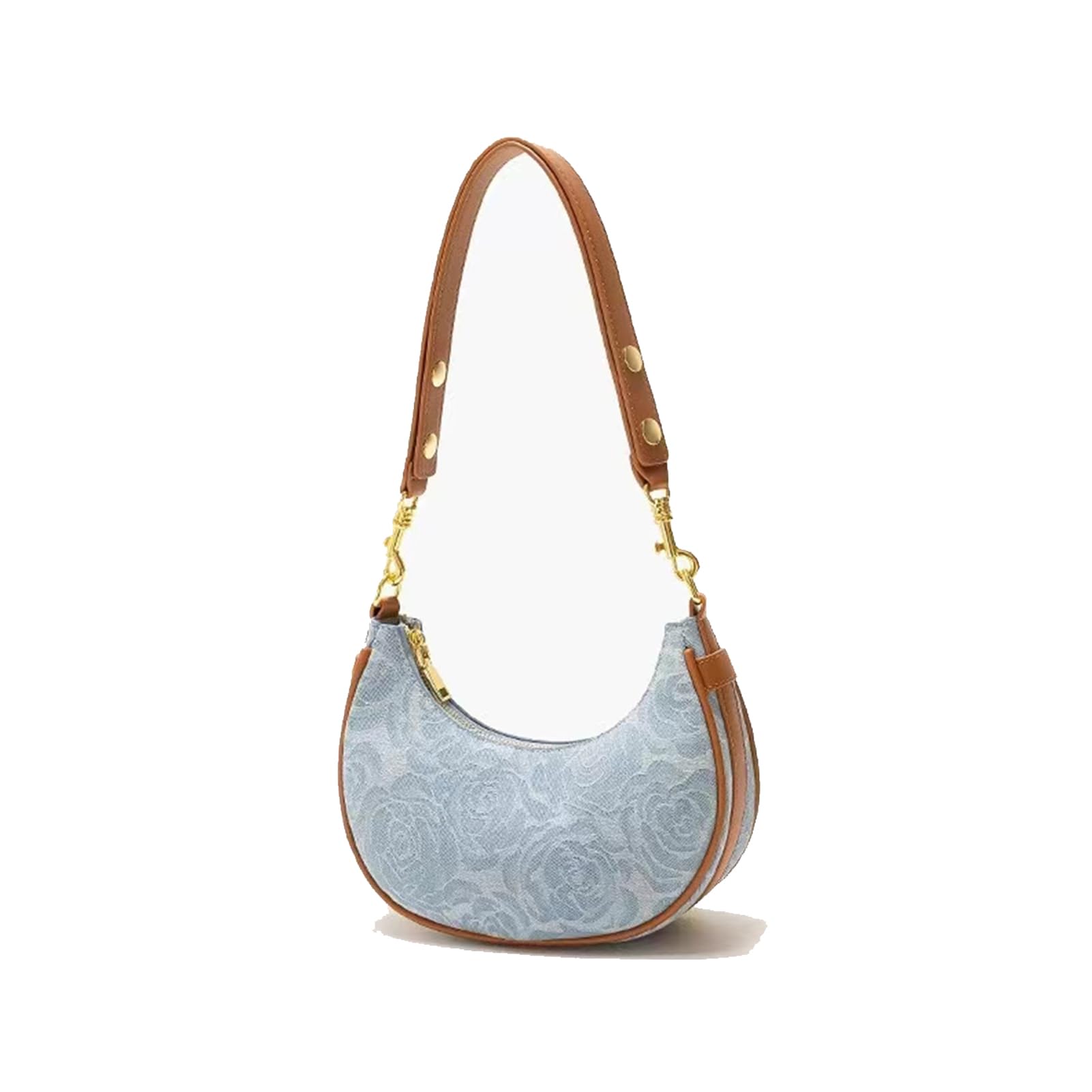 Small Vegan Leather Crescent Shoulder Bag for Women Zipper Underarm Small Purses Quilted Handbag with Denim Blue Pocket (Blue rose)