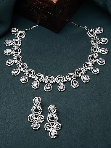 Image of Karatcart Silver Toned American Diamond Studded Jewellery Set for Women