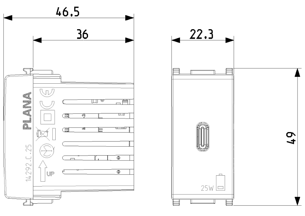 Vimar 14292.C.25 Plana Alimentatore USB da 25 W per dispositivi elettronici, uscita USB C, tecnologia Power Delivery