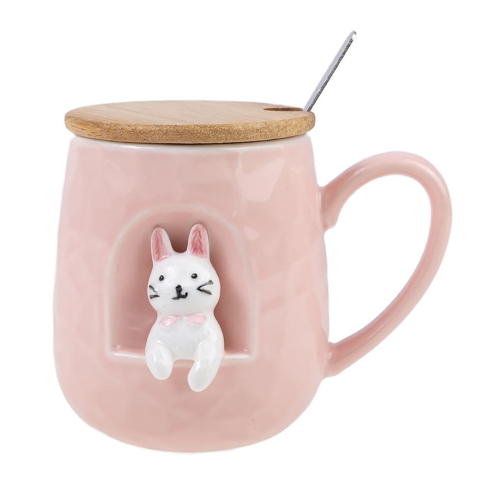lachineuse - Rabbit Mug - 3D Relief - Funny Bunny - Porcelain, Wood, Metal - 380 ML - with Lid and Spoon - Mug Coffee, Tea, Chocolate, Cappuccino - Original Gift Idea
