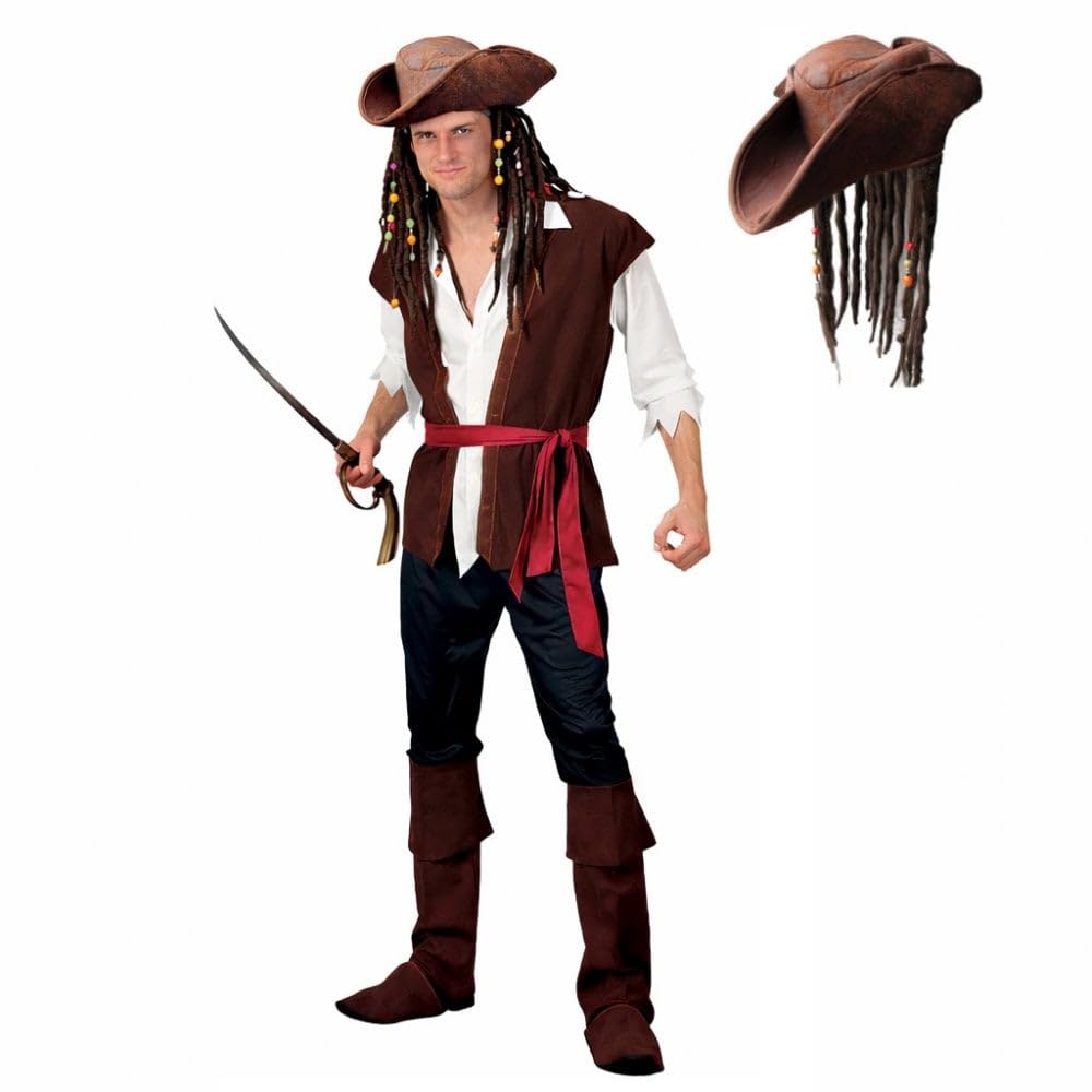 Titch & Timbo Adult Mens Caribbean Captain Jack Pirate Fancy Dress Costume + Hat With Hair & Beads + (Beard & Tash Option) : Men's Pirate Outfit (Costume + Hat/Braids & Beads, Small)