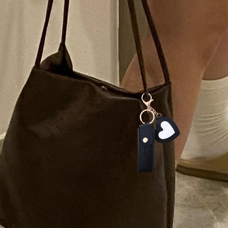 yaozeio Lip Balm Holder Keychain Charm Leather Lipstivk Holder with Mirror Chapstick Holder Key Chain Black White Bag Charms image 5
