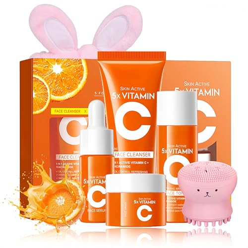 Vitamin C Skin Care Set Frauen Geschenk - Skincare Set - Gesichtspflege Set Reiseset - Aufhellend & Feuchtigkeitsspendend Pflegeset Damen - Beauty Set Mädchen - Mit Toner,Serum,Creme,Gesichtsreiniger