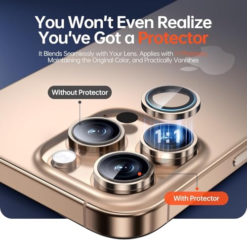 Image of Premium Camera Lens Protector Compatible For iPhone 16 Pro Max (Gold) Camera Lens Protector - 9H Tempered Glass, Military-Grade Anti-Scratch, Case-Friendly, Easy Install Frame