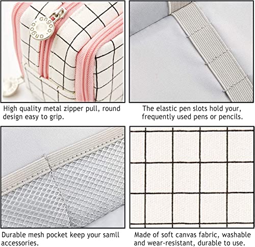 Image of Canvas Large Capacity Pencil Box For Girls&Boys,3 Compartments Pen&Pencil Pouches,Aesthetic Stationery Pouch For School Kids College Students,Cute Stationary Gift For Children (Plaide White)