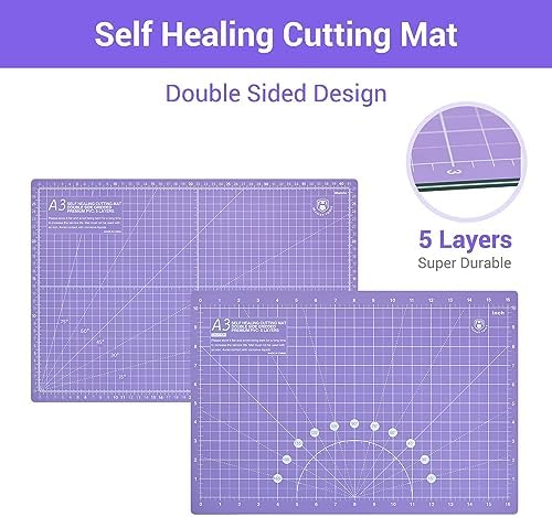 Headley Tools Rotary Cutter Set - 45mm Fabric Cutter, 5 Extra Rotary Blades, A3 Cutting Mat, Quilting Ruler and Sewing Clips, Craft Knife Set, Ideal for Crafting, Sewing, Patchworking, Purple - 2