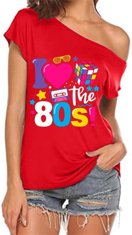 Dames T-shirt, jaren 80 off-shoulder tops jaren 80 retro vintage alfanumeriek patroon T-shirts meisjes 80s outfit 80s feest T-shirt, dames cap mouw disco neon feestelijke T-shirts top, 2, L Dames T-shirt, jaren 80 off-shoulder tops jaren 80 retro vintage alfanumeriek patroon T-shirts meisjes 80s outfit 80s feest T-shirt, dames cap mouw disco neon feestelijke T-shirts top, 2, L