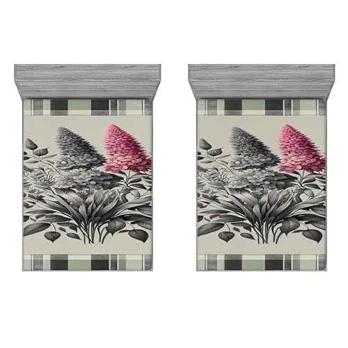 Ambesonne Floral Art 2 Pack Fitted Sheet, Reseda Tones Lavenders, Bed Cover All-Round Elastic Deep Pockets 2 Pieces, Package Contains 2 Full Size Fitted Sheets, Grey Teal Pale Ruby