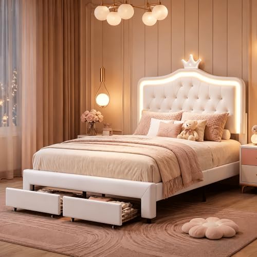 BRILVERDE Lit Princesse 140x200 cm avec tête de lit Couronne, lit Enfant rembourré en Simili Cuir Blanc avec LED RGB, 2 tiroirs de Rangement et sommier à...