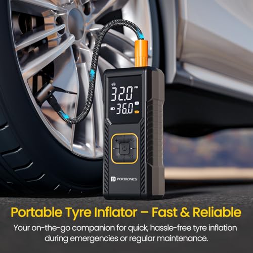 Image of Portronics Vayu 9.0 Portable & Rechargeable Tyre Inflator with 2-in-1 Cordless & Corded Modes, 3x2000 mAh Battery, LED Display, Auto Shut-Off, Type-C Fast Charging,150 PSI for Car, Bike & Sports Balls