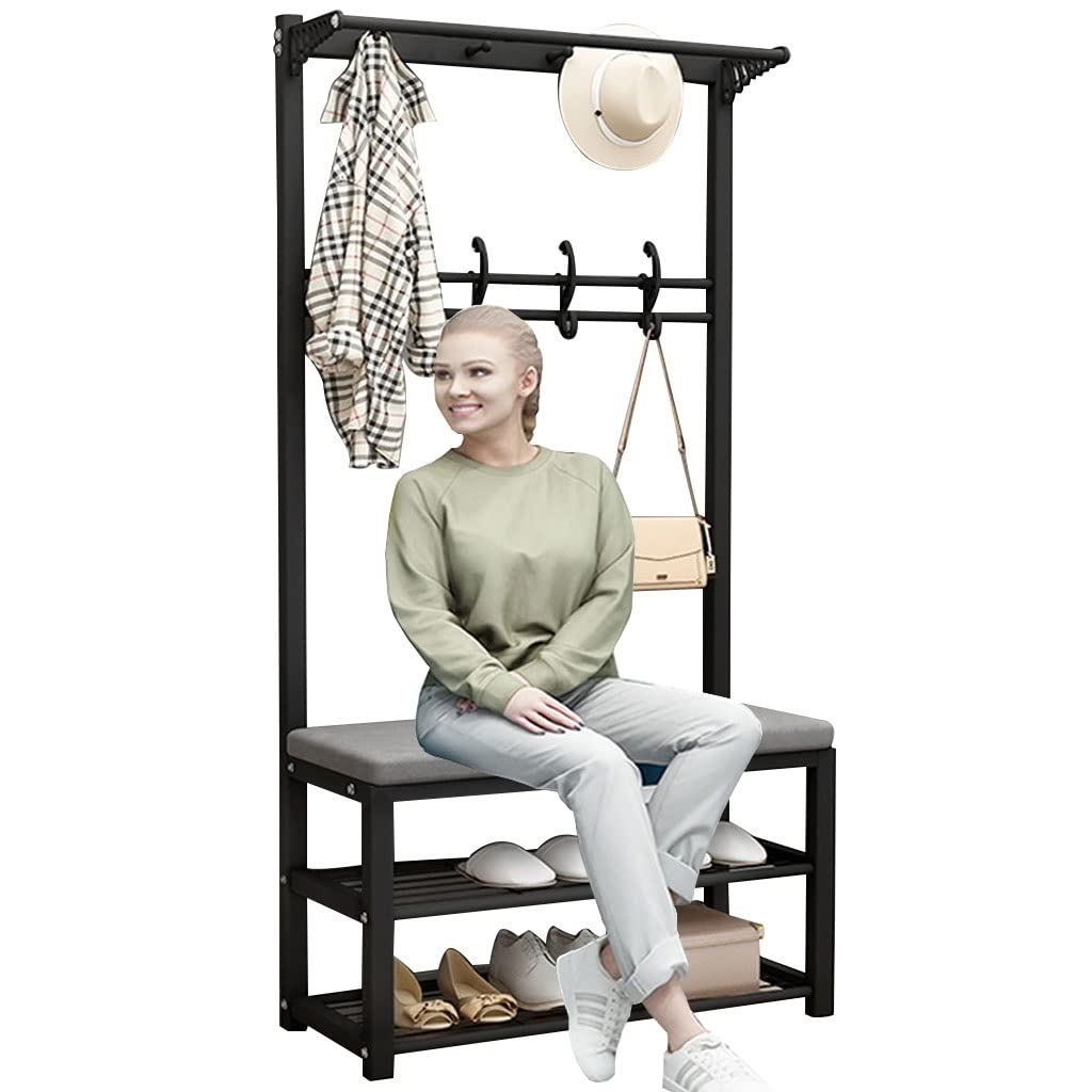 Porte-manteau banc à chaussures 3 en 1 avec coussin d'entrée