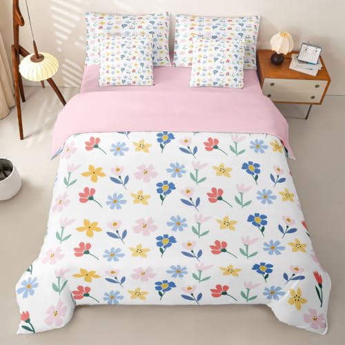 Loussiesd Juego de funda de edredón con sábanas, 7 piezas, tamaño Super King, con patrón de flores, para niños y niñas, temática natural, cama en una bolsa, decoración de habitación, microfibra suave
