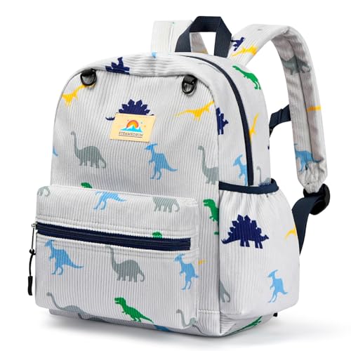 Image of STEAMEDBUN Corduroy Toddler Backpack for Boys 2-4: Kids backpack for Boys Girls - 12 inch Preschool Kindergarten Backpacks - Dinosaur
